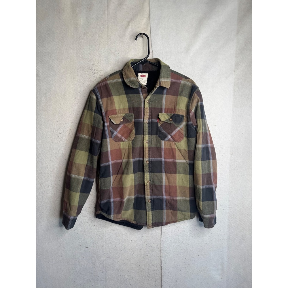 Levis Mens Plaid Sherpa Lined Flannel Shirt Jacket Brown Green Medium 3LDLW11051 - Picture 1 of 12